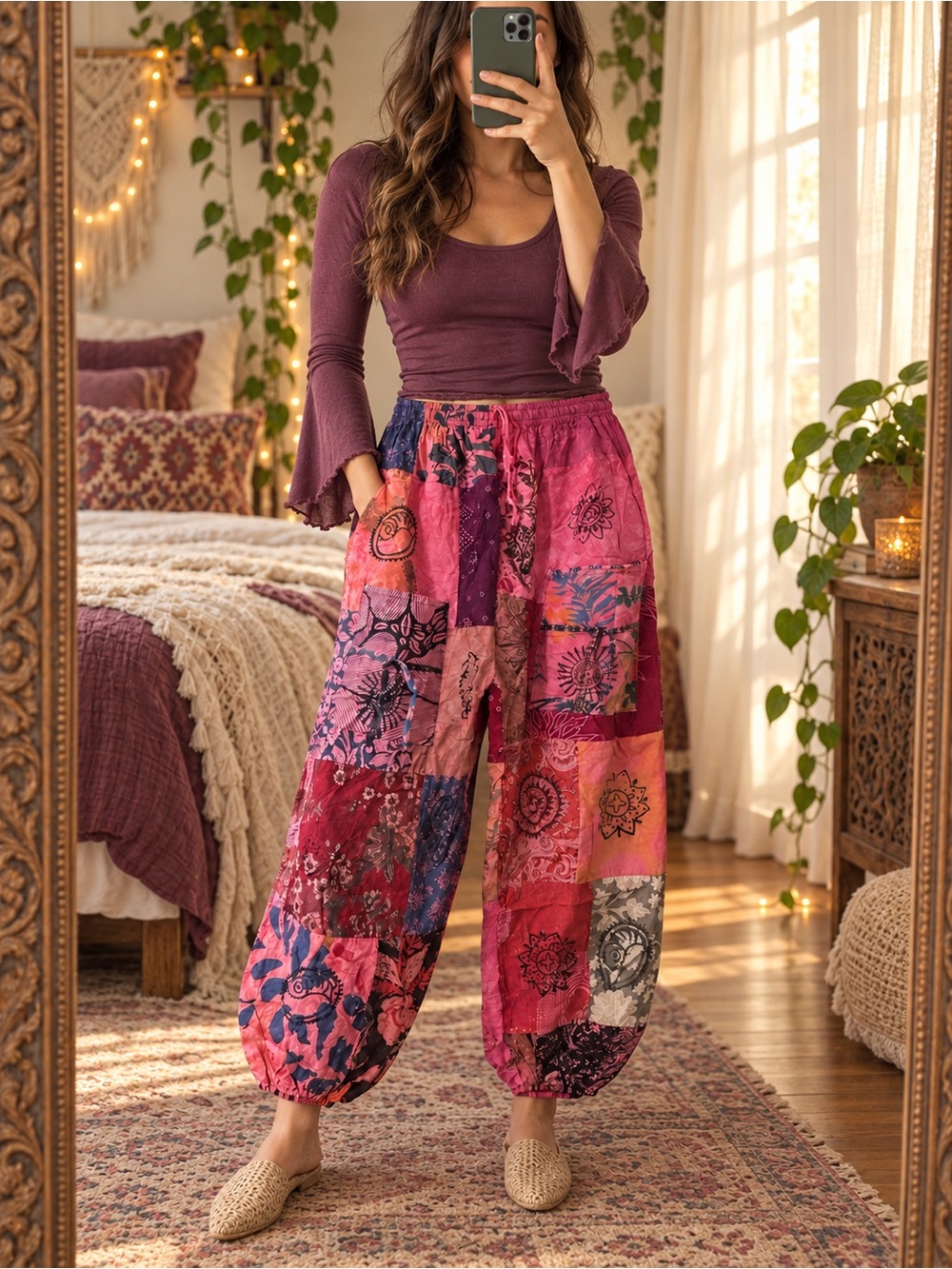 Women's Patchwork Harem Pants - Pink Multi